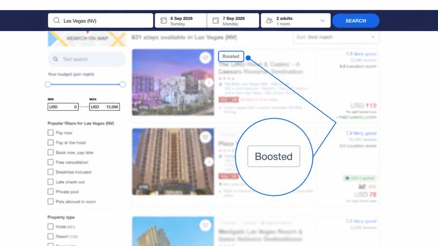 Boosted tag shown on a Priceline search result