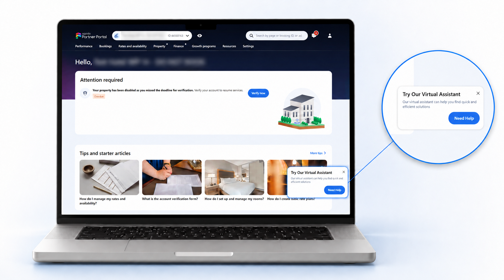 Try Our Virtual Assistant popup in Partner Portal, with a Need Help button in the bottom-right corner