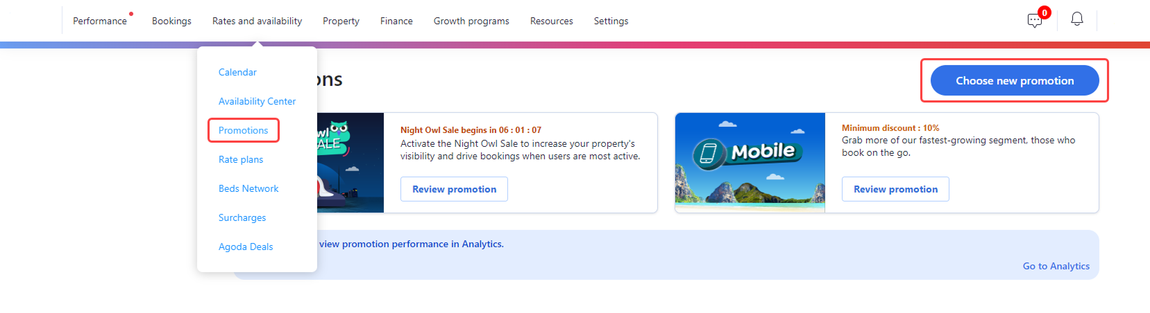 Choosing a new promotion under Rates and availability in Partner Portal
