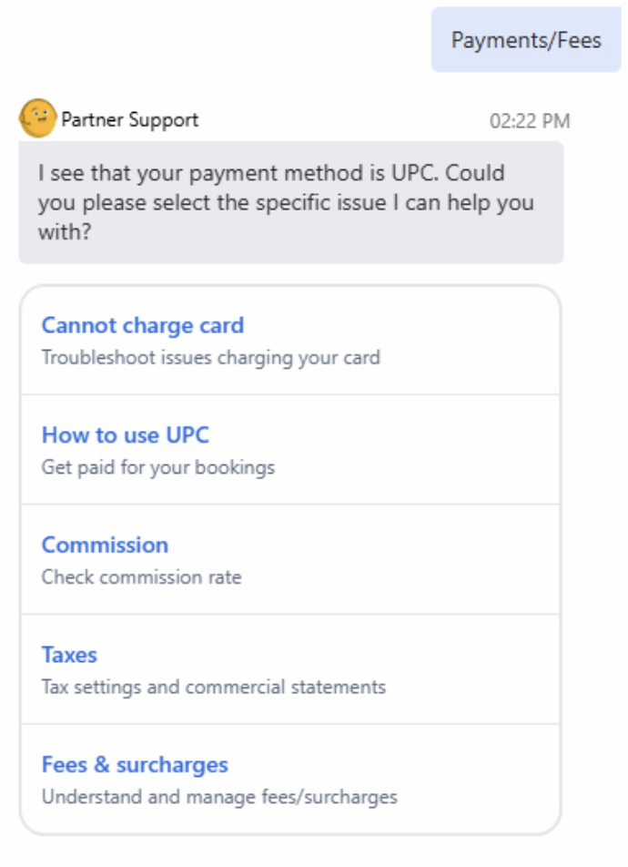Partner Portal virtual assistant chat showing the Payments/Fees topic list: Cannot charge card, How to use UPC, Commission, Taxes, Fees and surcharges